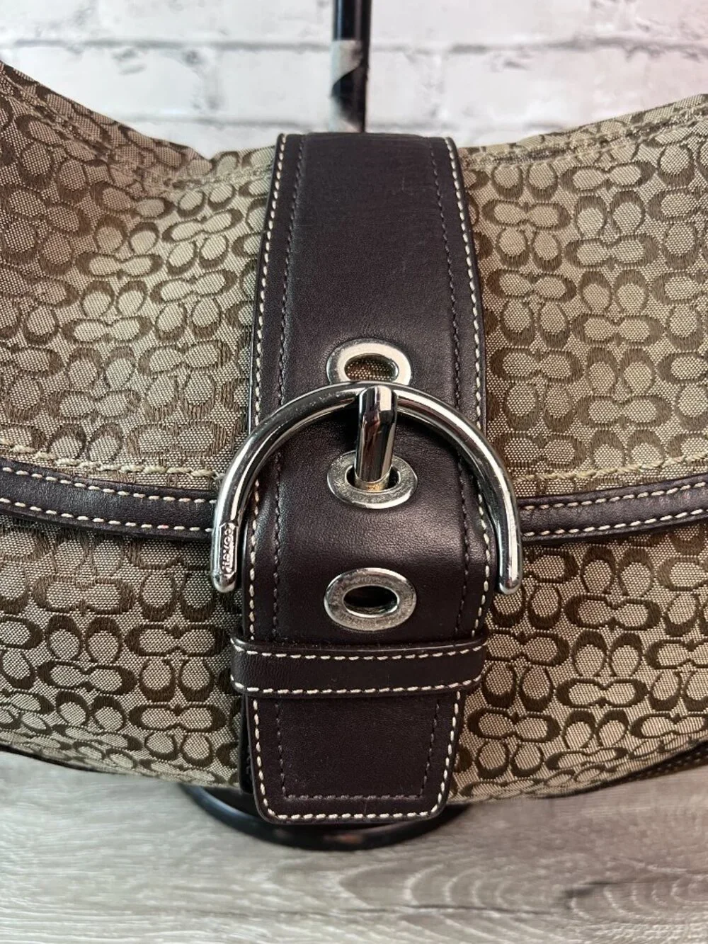 Coach F10926 Vintage Medium Soho Black Leather & Signature C Canvas Shoulder